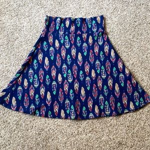 Blue Azure skirt, blue with multicolored feathers dots, EUC